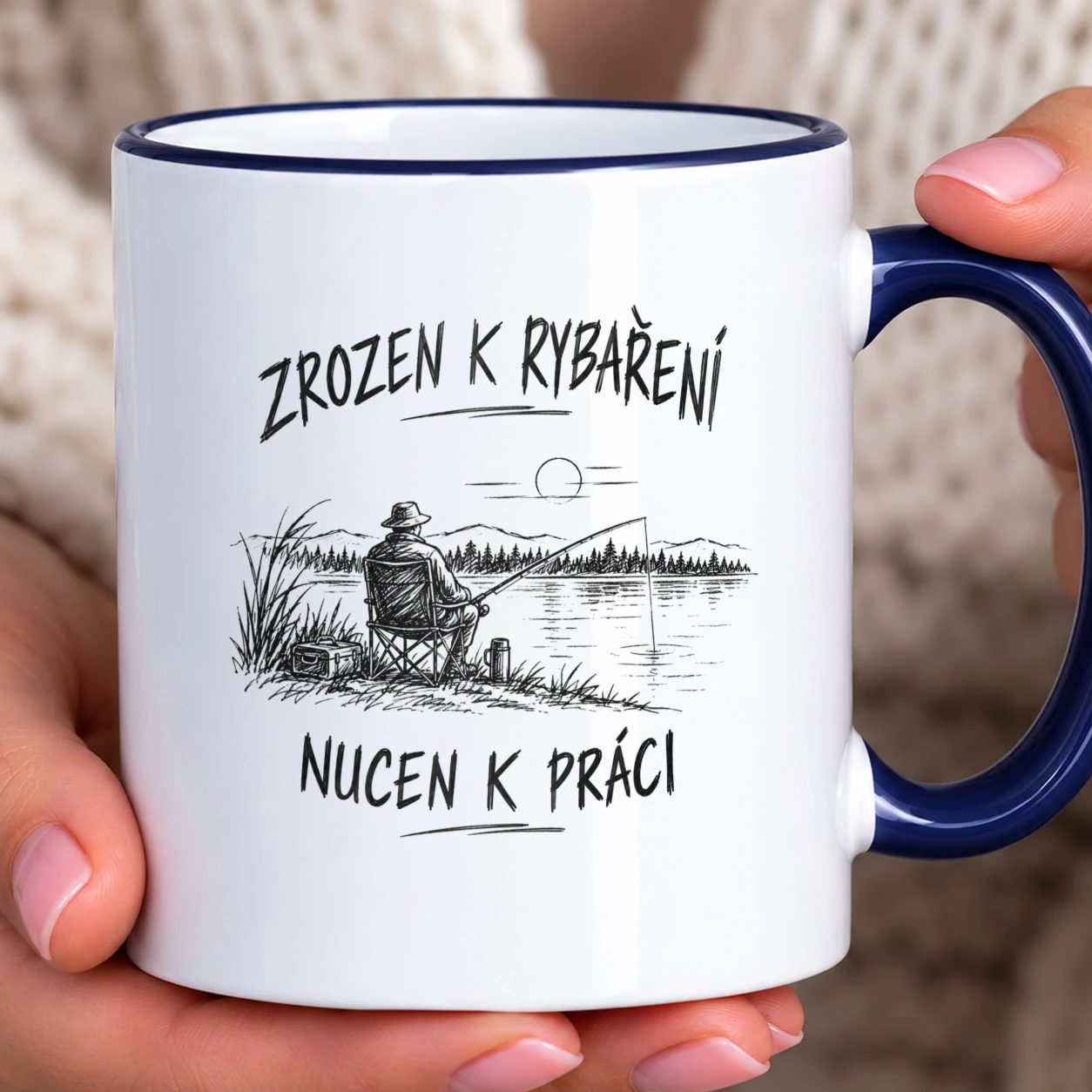 Hrnek s barevným lemem - Zrozen k rybaření, nucen k práci