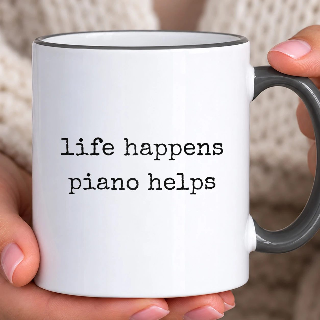Hrnek s barevným lemem - Life Happens Piano Helps