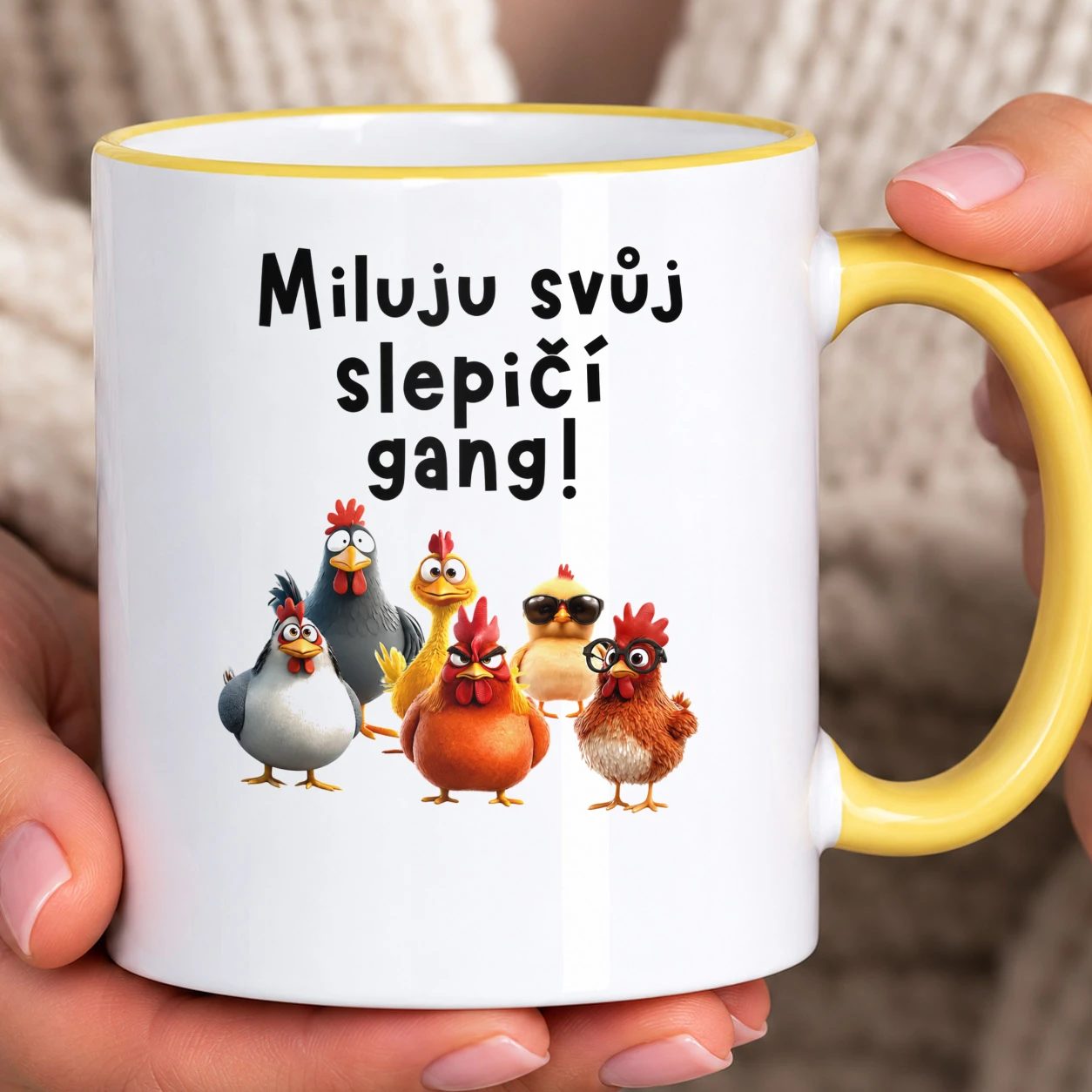 Hrnek s barevným lemem - Miluju svůj slepičí gang