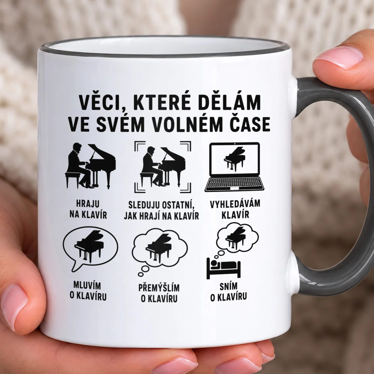 Hrnek s barevným lemem - Volný čas klavíristy