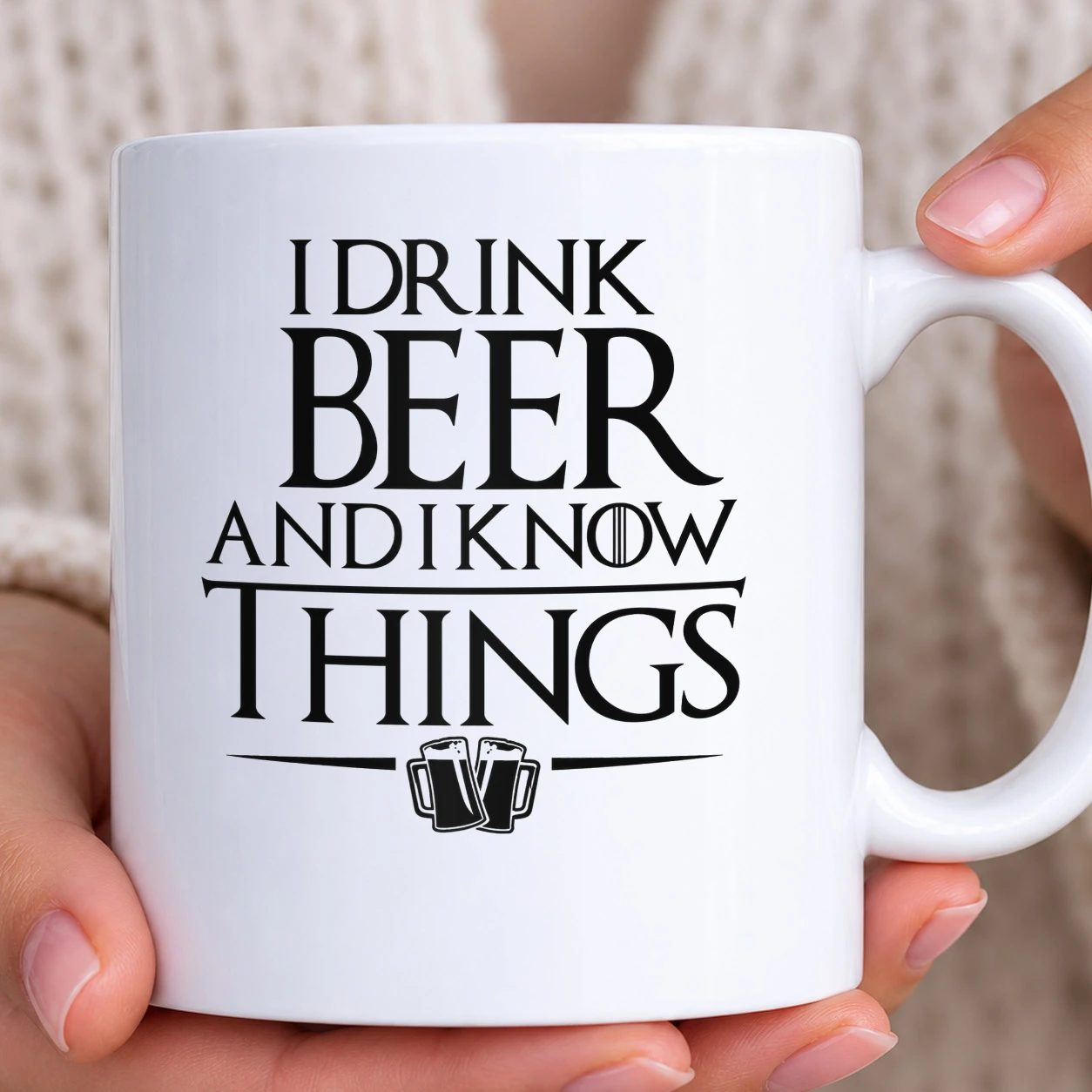 Hrnek bílý - I Drink Beer and I Know Things