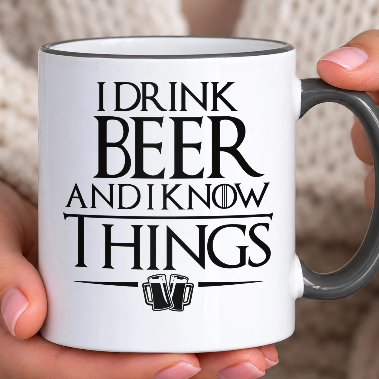 Hrnek s barevným lemem - I Drink Beer and I Know Things