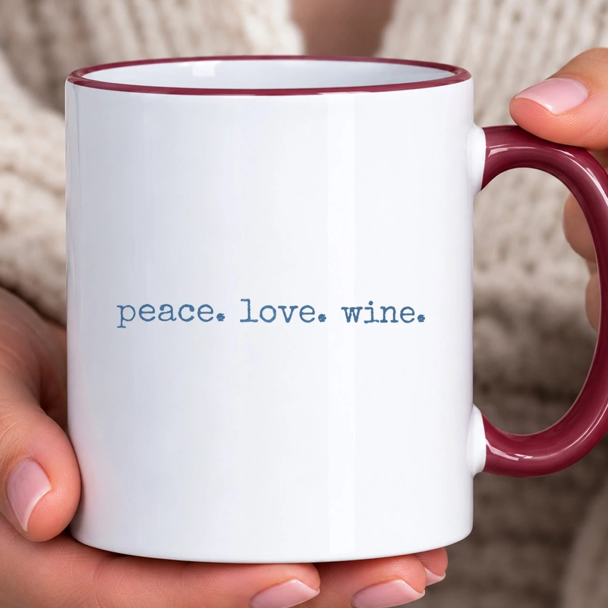 Hrnek s barevným lemem - peace. love. wine.